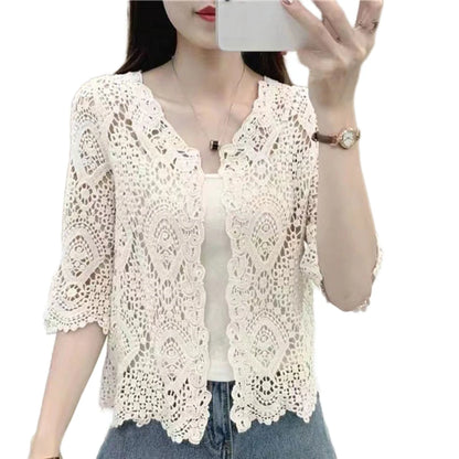 Women Knitted Lace Shrug Boho Hollow Crochet Floral 3/4 Sleeves Open Front Cropped Cardigan Elegant Mesh Sweater Coveup - Smarsty