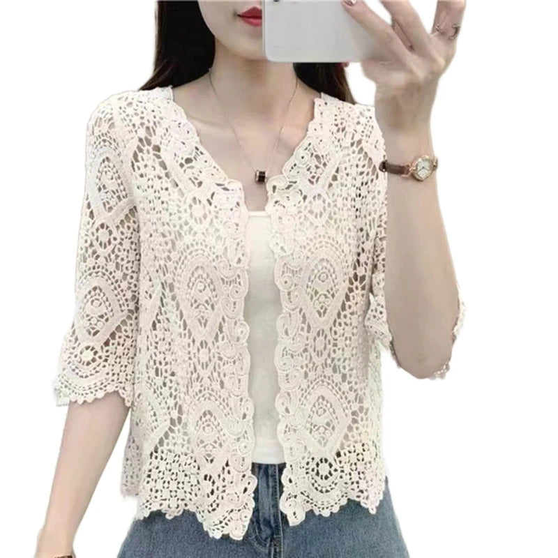 Women Knitted Lace Shrug Boho Hollow Crochet Floral 3/4 Sleeves Open Front Cropped Cardigan Elegant Mesh Sweater Coveup - Smarsty