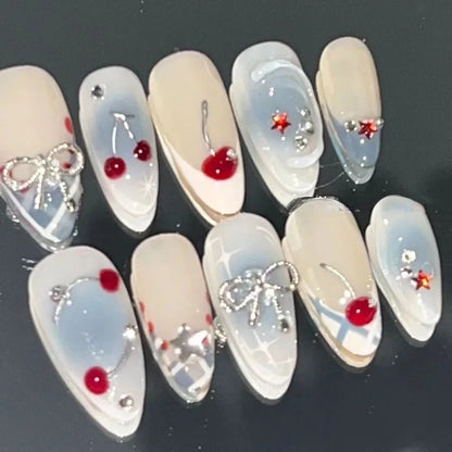 10Pcs Handmade French Almond Press On Nails with Cherries Design - Smarsty