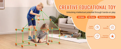SucceBuy Fort Building Kit Construction Castle Tunnels Toys with 55 Rods 30 Balls Indoor Play Tent for Educational Gift Blocks