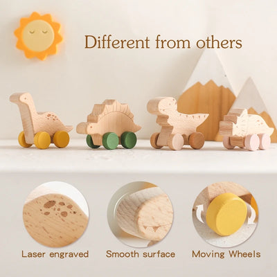 Wooden Baby Car Toys Beech Wooden Dinosaur Cartoon Car Teether Educational Montessori Toys For Children Teething Baby Toys - Smarsty