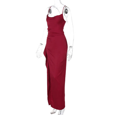 Ladies Summer Satin Fashion Evening Party Dress Women Sleeveless Backless Side Slit Long Dress Birthday Clubwear Woman Clothes - Smarsty