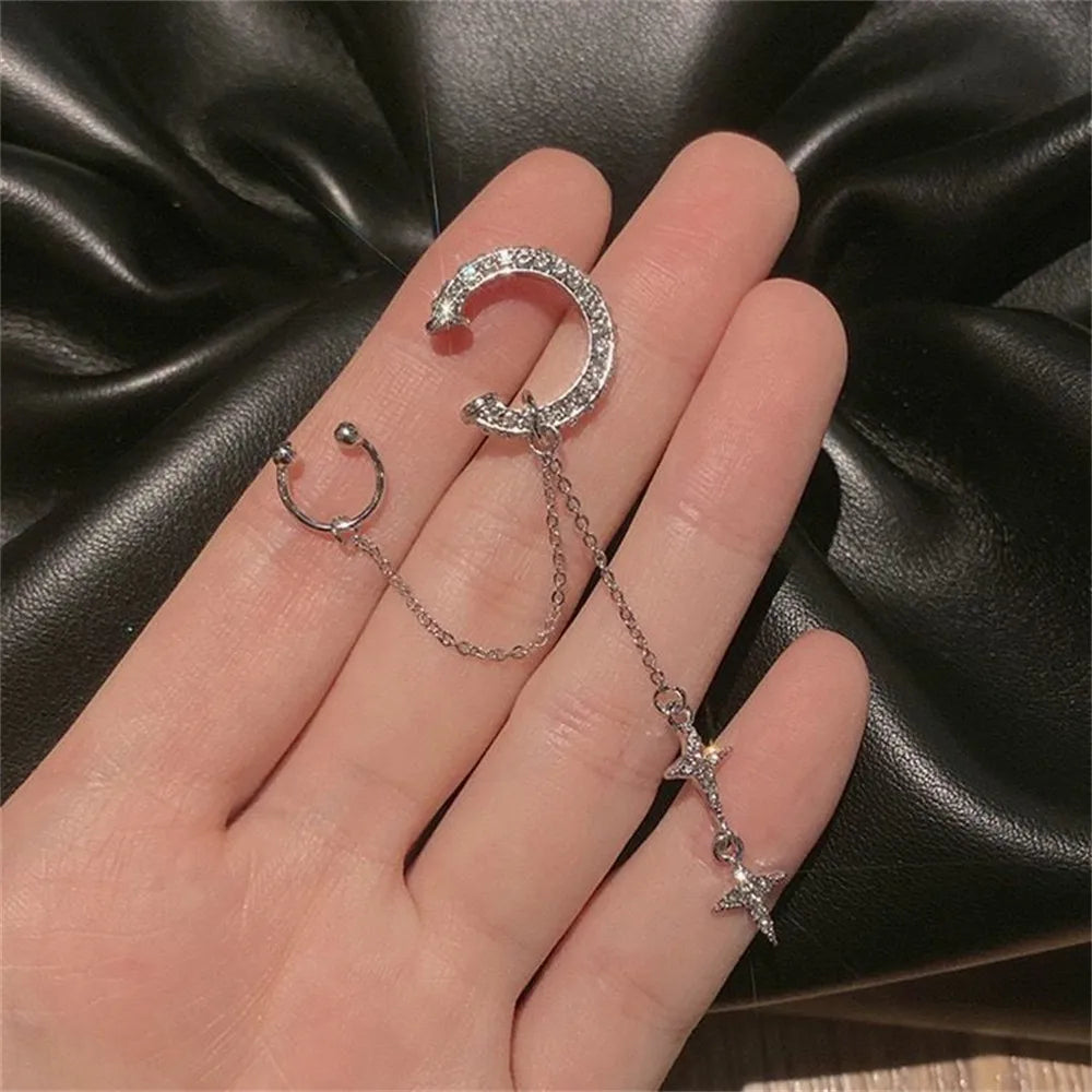 Shiny Silver Crystal Tassel Non-Piercing Ear Clip Earrings - Smarsty