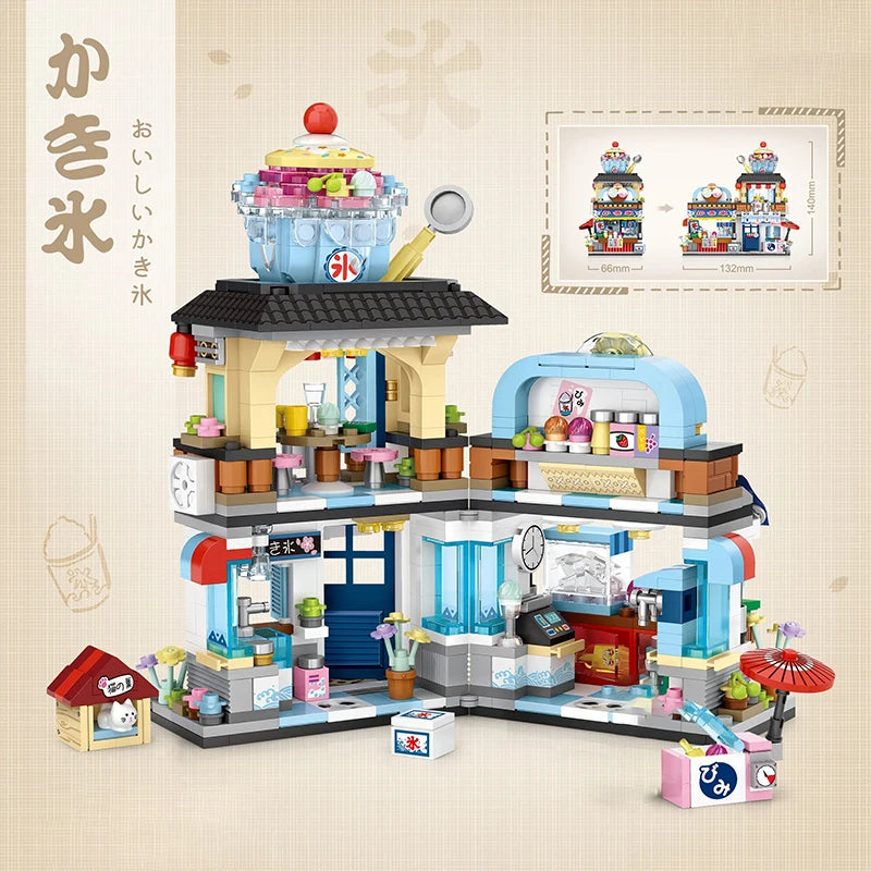 Street View Series Building blocks Izakaya Shaved Ice Shop Takoyaki Shop Coffee shop Panda Tea House model children's gift