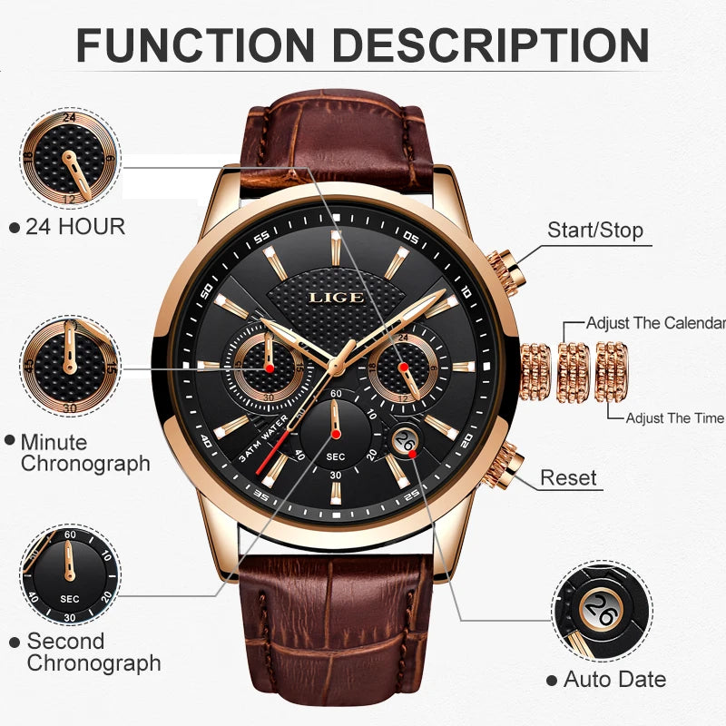 LIGE Luxury Men's Leather Sport Watch with Chronograph - Smarsty