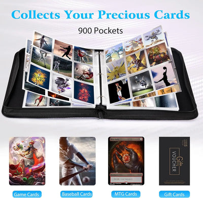 900 Pockets Card Binder Sleeves with Zipper, Double Sided Pockets Card Holder Carry Card Case for TCG CCG Card Storage(Black) - Smarsty