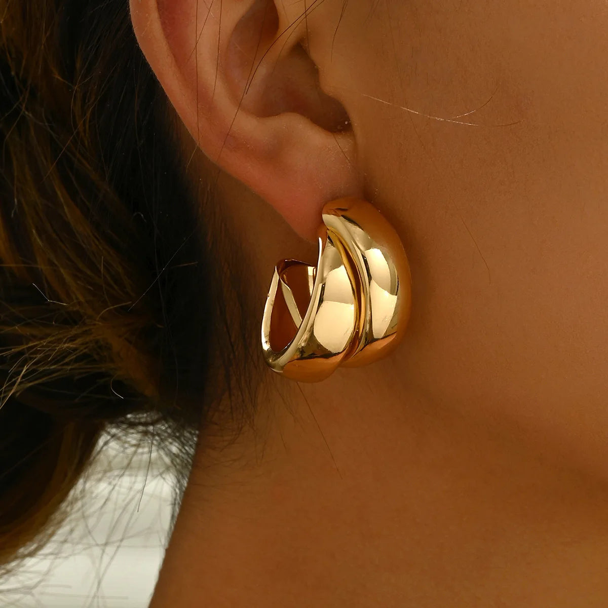 Chunky Hoop Earrings Gold Double Ring Statement Bold - Smarsty