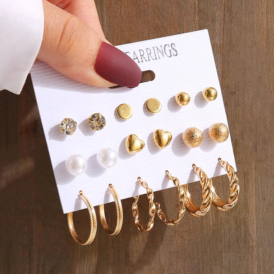 Gold Color Vintage Geometric Pearl Earrings Set For Women - Smarsty