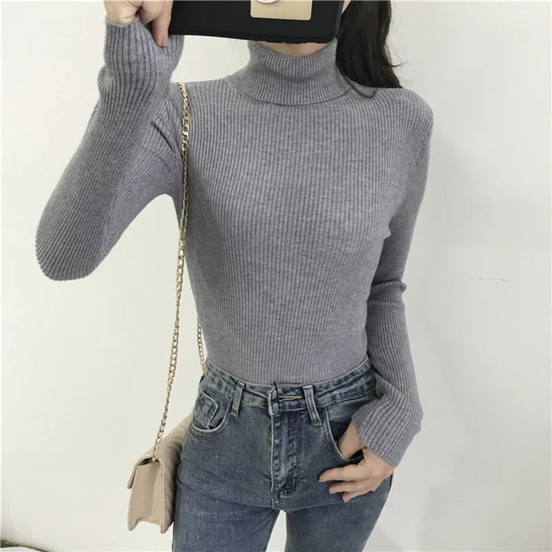 2024 Autumn Winter Thick Sweater Women Knitted Ribbed Pullover Sweater Long Sleeve Turtleneck Slim Jumper Soft Warm Pull Femme - Smarsty