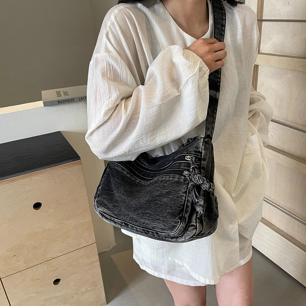 Vintage Denim Shoulder Bag Large Capacity Satchel For Women - Smarsty