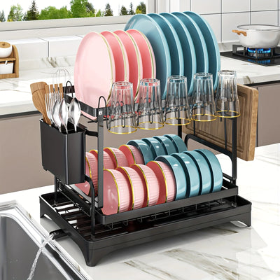 Dish Drying Rack, 2 Tier Large Dish Drying Rack for Kitchen Counter with Drainboard Stainless Steel Dish Drainer for Dish&Cup by Smarsty