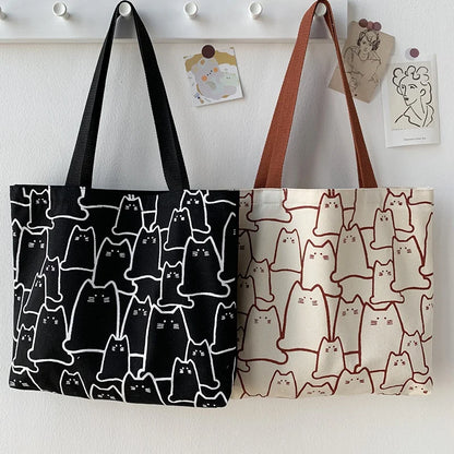 Canvas Cat Tote Bag For Women Zipper Shoulder Designer - Smarsty