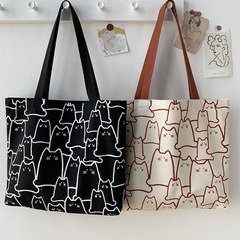 Canvas Cat Tote Bag For Women Zipper Shoulder Designer - Smarsty