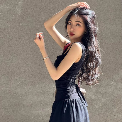 WhereMery Elegant Slip Long Dresses Sexy Women Ruched Bodycon Solid Maxi Dress Spring Y2K Summer Temperament High-waist Vestidos - Smarsty