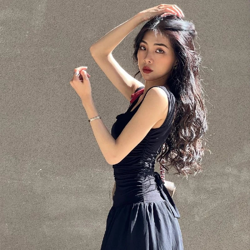 WhereMery Elegant Slip Long Dresses Sexy Women Ruched Bodycon Solid Maxi Dress Spring Y2K Summer Temperament High-waist Vestidos - Smarsty