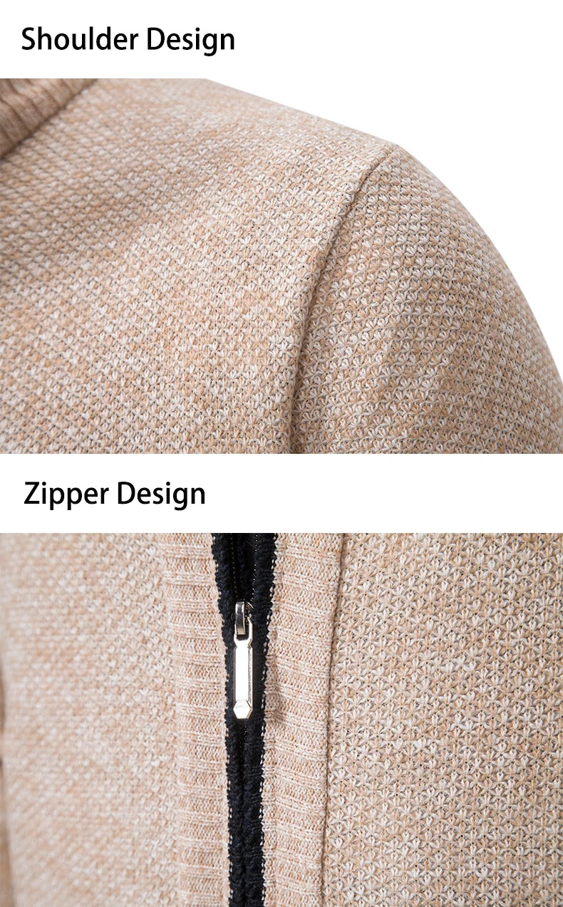 Autumn And Winter New Jersey Men's Casual Sports Coat Solid Color Stand Collar Wweater Grab Fleece Warm Zipper Cardigan - Smarsty