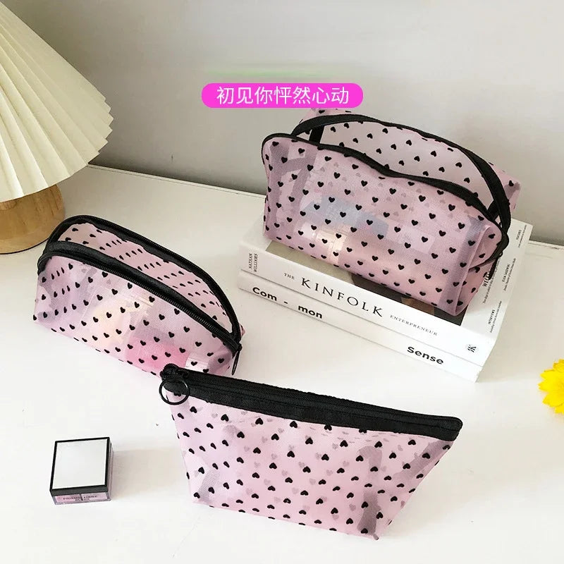 Heart Shaped Nylon Mesh Cosmetic Bag Zipper Organizer - Smarsty