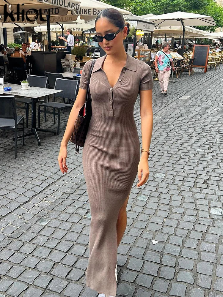 Kliou Elegant Office Lady Maxi Dress Women Solid Fashion Turn-down Collar Short Sleeve Button Side Slit Body-Shaping Street Robe - Smarsty