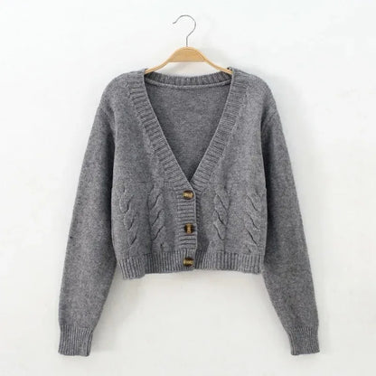 V Neck Cropped Cardigan Women Long Sleeve Twist Knitted Sweater Coats Autumn Winter Keep Warm Korean Fashion Jacket Cardigan - Smarsty