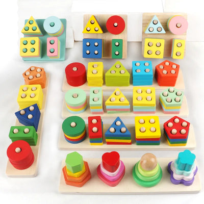 Montessori Toy Wooden Building Blocks Early Learning Educational Toys Color Shape Match Kids Puzzle Toys For Children Boys Girls - Smarsty