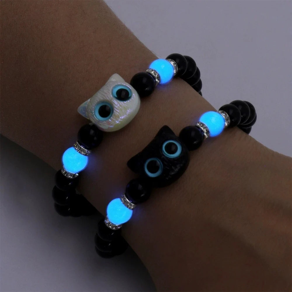 1 PC Matching Bracelets Couples Women Men Luminous Cute Cat Friendship Bracelete Black White Cat Head Bead Strand Bracelet - Smarsty