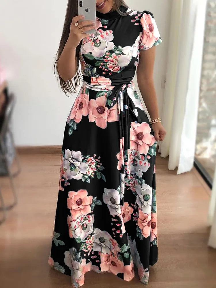 Women's Slim Dresses Casual Long Sleeve Round Neck Flower Printed Dress Strap Floor-Length Long Skirt Women's Clothing - Smarsty