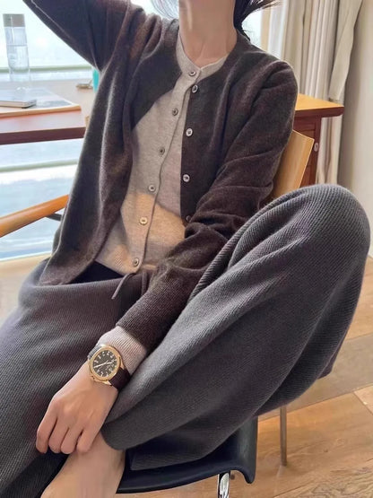 Fake two 100% pure cashmere sweater cardigan dark grey high-grade wool knit coat top - Smarsty