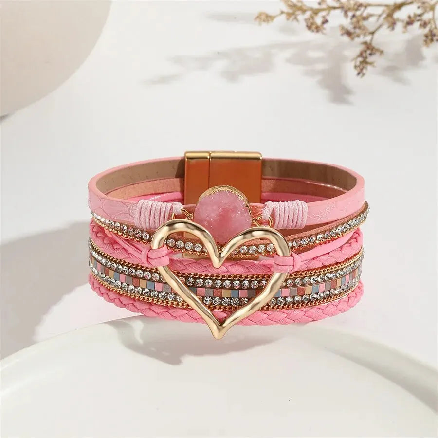 Women Leather Heart Charm Bracelet Rhinestone Wrap - Smarsty