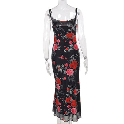 Flowers Print Spaghetti Strap Dresses Women Temperament Package Hip Bodycon Long Dress Fashion Sexy Backless Lady Slim Vestidos