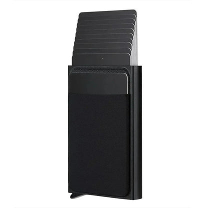 Men's Slim Mini RFID Wallet Aluminum Automatic Pop Up Card Case with Elastic Back Pouch, ID Credit Bank Card Holder Purse