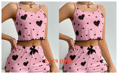 Women's Pajamas Set Sleepwear 2 PCS Short Tank Tops And Shorts S M L White Ventilate Soft Casual Love Printing - Smarsty