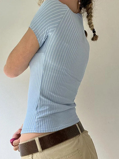 Sweetown Blue Stripe Short Sleeve Shirts For Women Button Up Turn Down Collar Slim Simple Casual Preppy Tops Basic Summer Tees - Smarsty