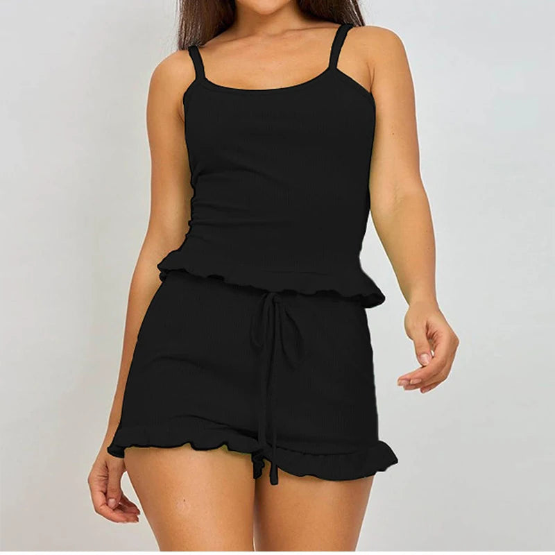 Summer Two-Piece Solid Color Sleepwear Round Neck Sexy Suspender Ribbed Knitted Pleated Vest Shorts Casual Women's Sleepwear Set - Smarsty