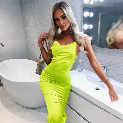 Neon Satin Lace Up Women's Long Midi Dress Light Pink Bodycon Backless Elegant Party Sexy Club Clothes 2022 Summer Dinner Outfit - Smarsty