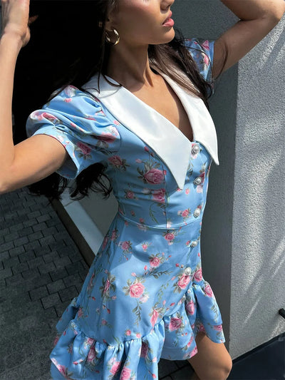 Tornova Print Puff Sleeves Ruffled Dress Women's V-Neck High Waist Pearl Buttons Mini Dress Female Casual Vacation Fashion Dress - Smarsty