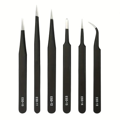 Precision ESD anti-static tweezers set -6-pc stainless steel tool for electronic repair and process modeling, bending 2025