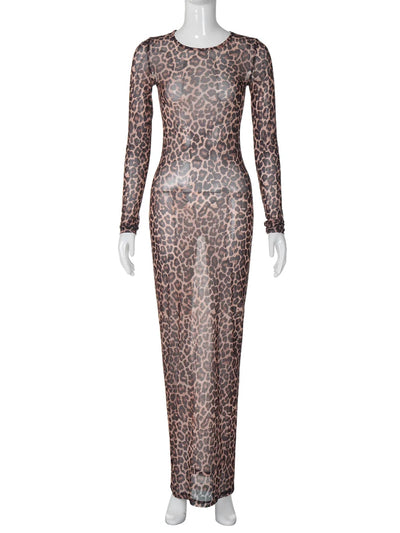 Hugcitar Leopard Print Mesh Long Sleeve Sexy Slim  See Through Maxi Dress Fall Women Fashion Outfits Beach Vacation Club - Smarsty