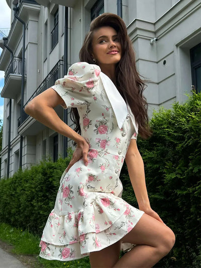 Tornova Print Puff Sleeves Ruffled Dress Women's V-Neck High Waist Pearl Buttons Mini Dress Female Casual Vacation Fashion Dress - Smarsty