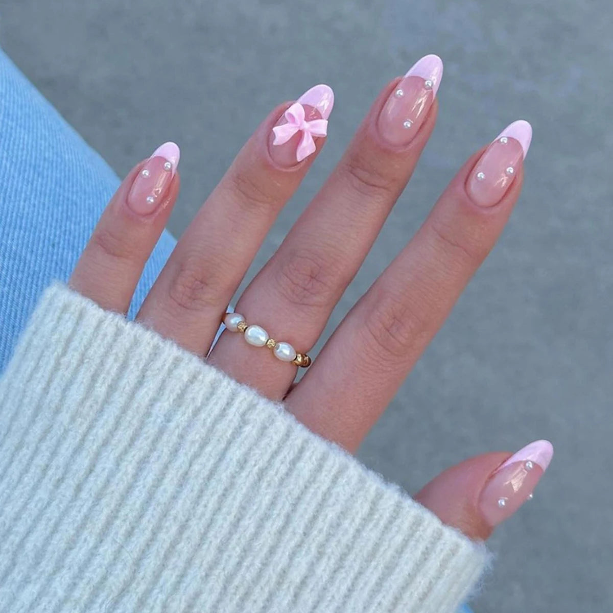 French Water Droplet Fake Nails Set with Pearl Bows - Smarsty