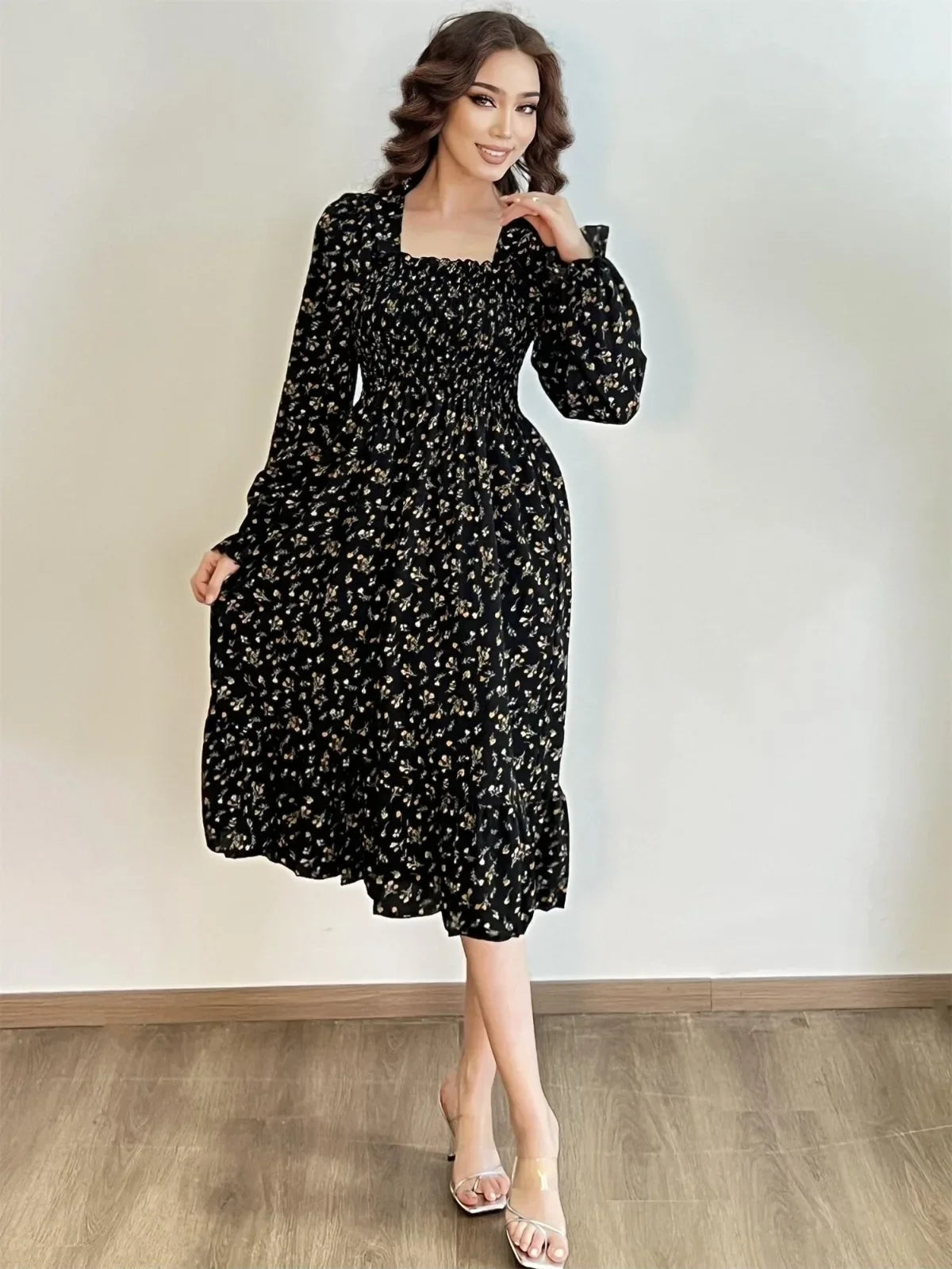 Long Sleeve Casual Dress Women Chiffon Dresses Autumn Spring A-line Printed Floral Elastic Chest Lace Up Midi Dresses Vestidos - Smarsty
