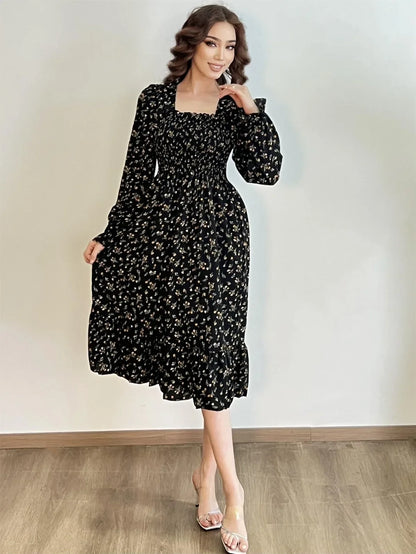 Long Sleeve Casual Dress Women Chiffon Dresses Autumn Spring A-line Printed Floral Elastic Chest Lace Up Midi Dresses Vestidos - Smarsty