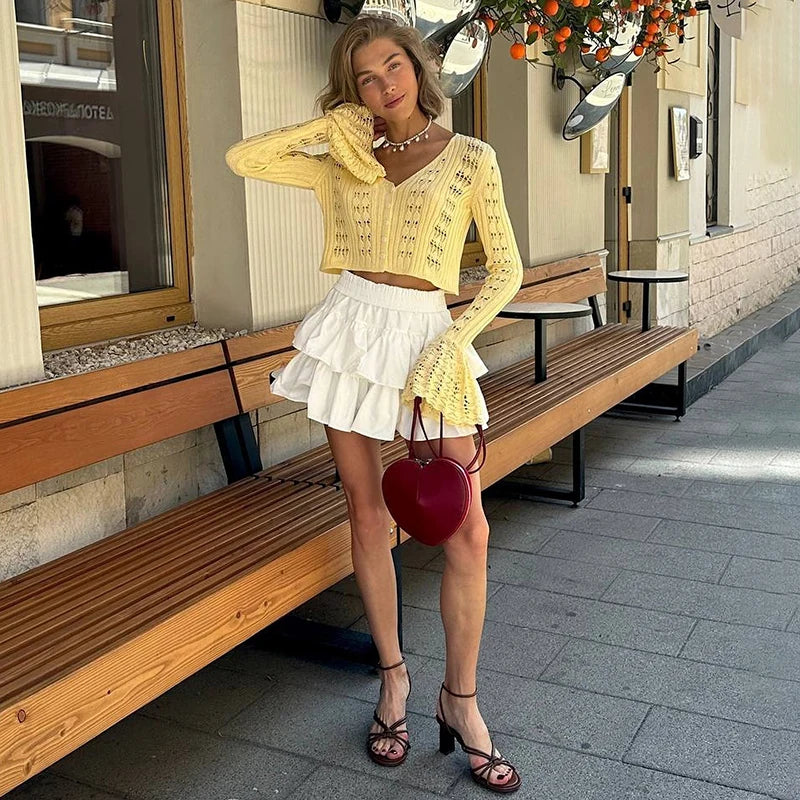 TARUXY Hollow Knitted Cardigan Women's Solid Long Sleeve V Neck Short Sweater Top Summer 2025 New Female Crochet Casual Outwear