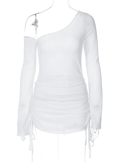 Dulzura Solid Skew Collar Ruched Straps Lace-Up See Through Draw String Mini Dress 2023 Summer  Women Party Clubwear Wholesale - Smarsty