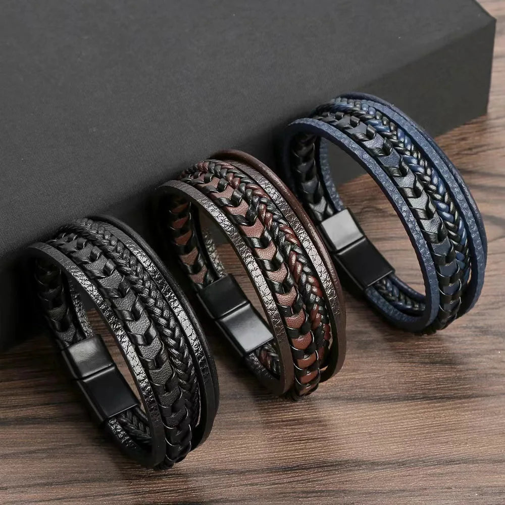 Men's Leather Braided Bracelet with Magnetic Buckle - Smarsty
