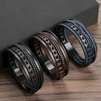 Men's Leather Braided Bracelet with Magnetic Buckle - Smarsty