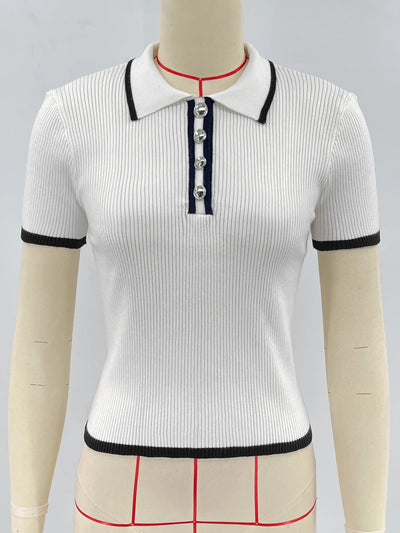 Talenza Women's Knitted Pullover Fashion Short Sleeve Patchwork Sweater Top Elegant Slim Contrast Lapel Knitted Pullover Top - Smarsty