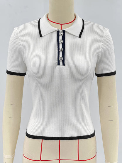 Talenza Women's Knitted Pullover Fashion Short Sleeve Patchwork Sweater Top Elegant Slim Contrast Lapel Knitted Pullover Top - Smarsty