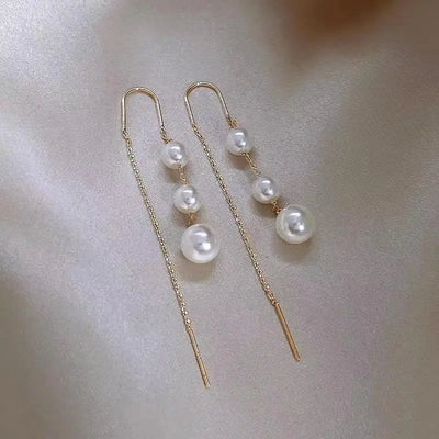 Korean Pearl Tassel Drop Earrings for Women with Zircon Detail - Smarsty
