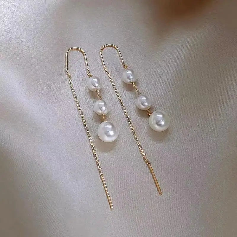 Korean Pearl Tassel Drop Earrings for Women with Zircon Detail - Smarsty