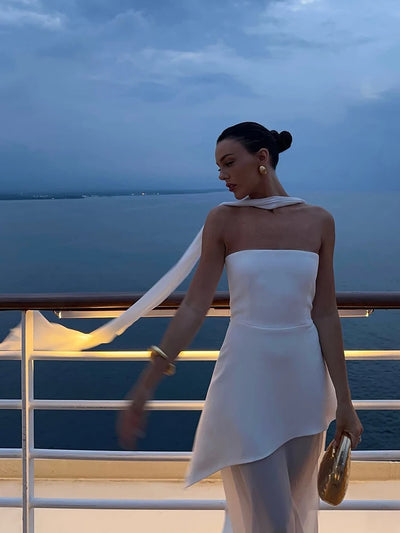 TARUXY Fashion Strapless Dress With Ribbon Female Elegant Sleeveless Mesh Beach Vacation Long Dress 2025 Spring New Women Dress - Smarsty